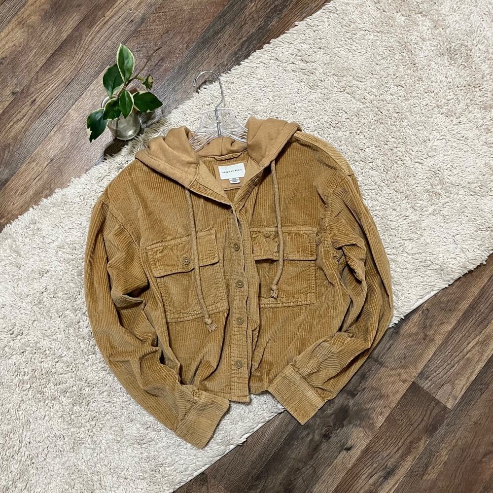 American Eagle Size Small Brown Corduroy Cropped Button Front Hooded Jacket